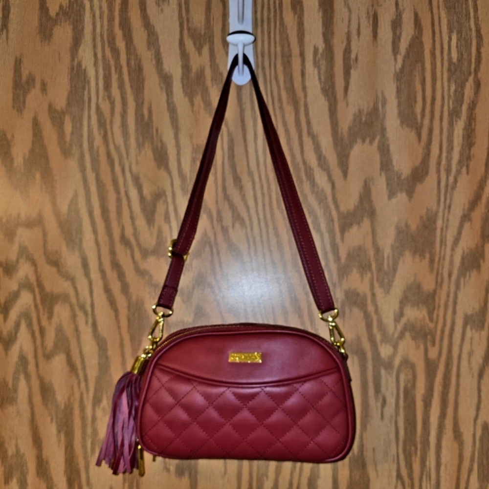 Joy & Iman Quilted Crossbody in Burgundy with Gold Accents